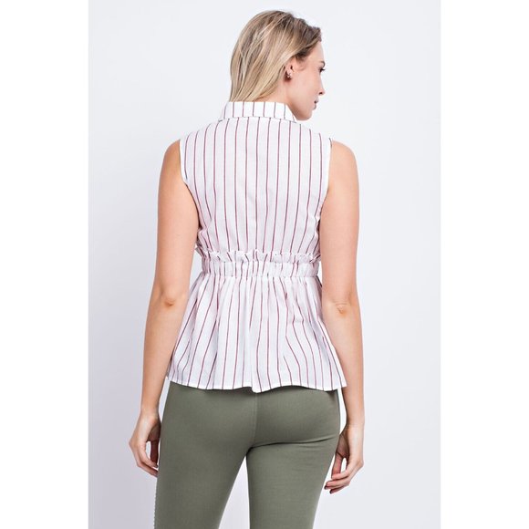 Sleeveless Button Front Collared Casual Striped Peplum Blouse Top - Picture 5 of 10